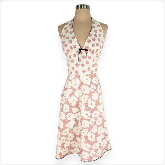 Corey Lynn Calter Ivory White Pink Polka Dot Floral Halter Dress Black Lace 8 - Picture 1 of 4